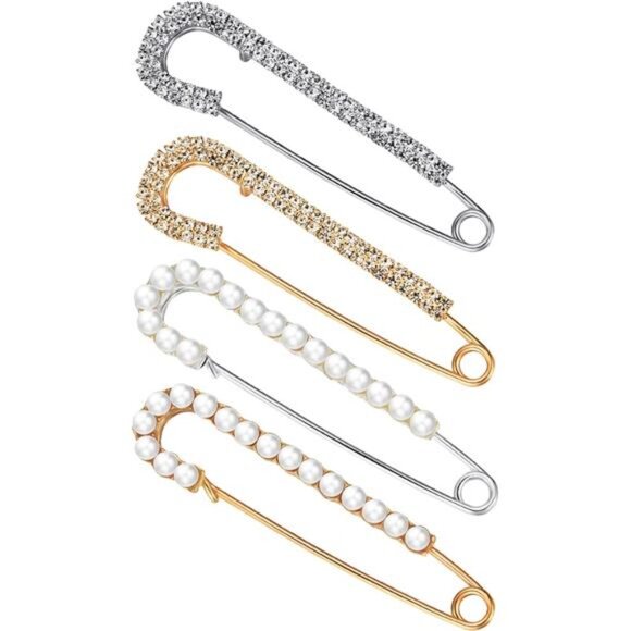 Jewelry - 4 Women Brooch Pins Sweater Shawl Clips Faux Crystal Pearl Brooches Safety Pins